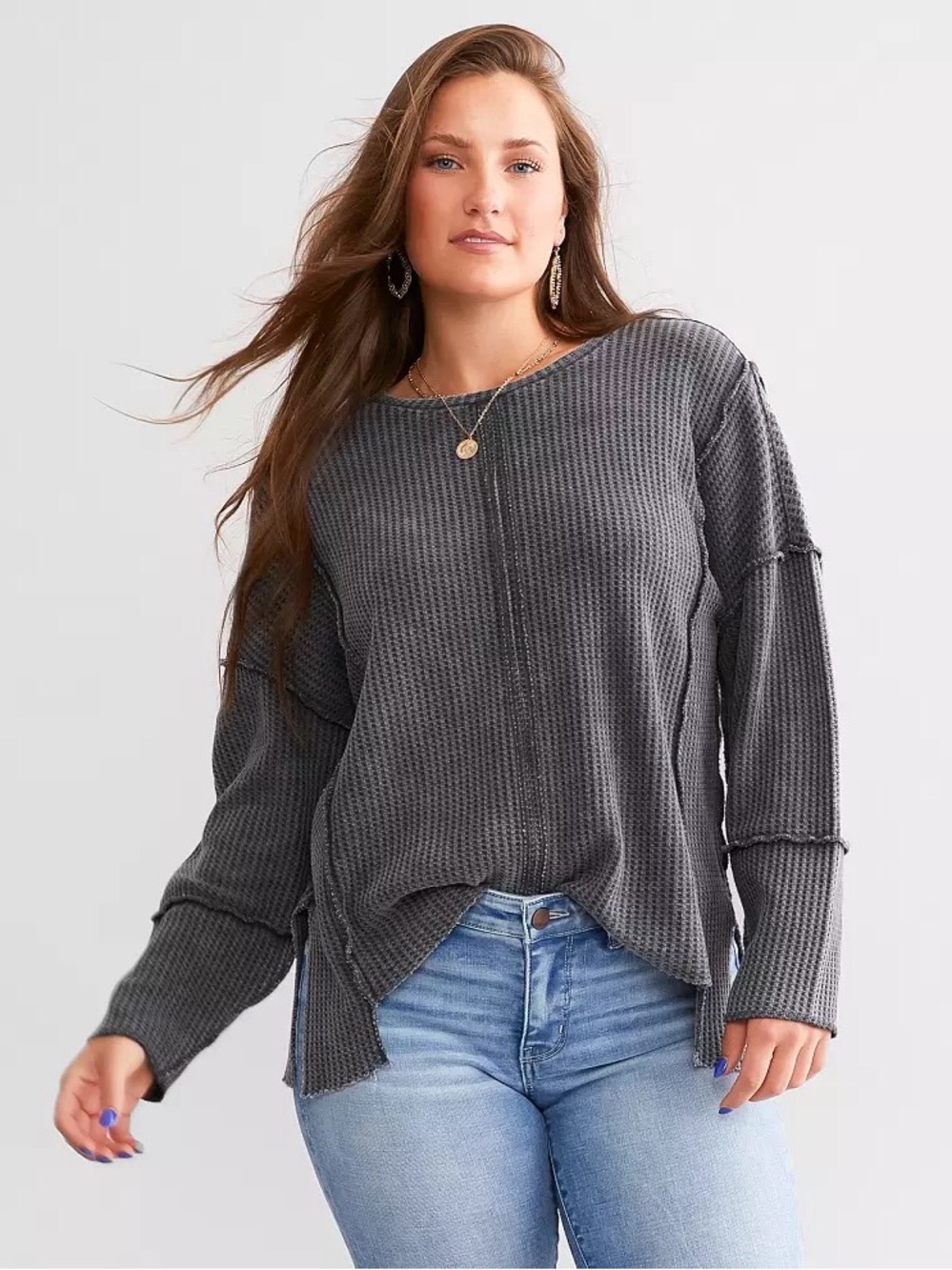 BKE Oversized Thermal Top Exposed Seam Womens S Washed Black